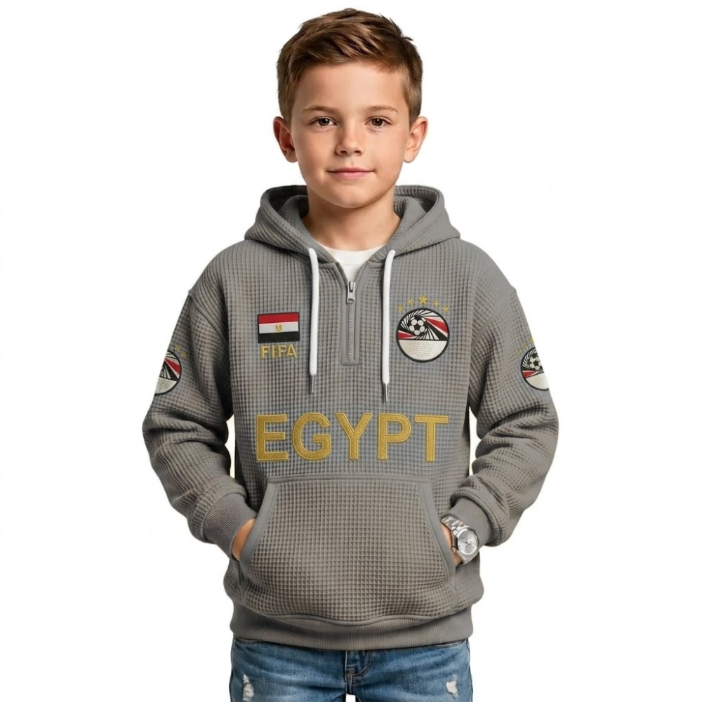 FIFA 2026 Egypt Printed Waffle Quarter Zip Kids Football Fan Hoodie