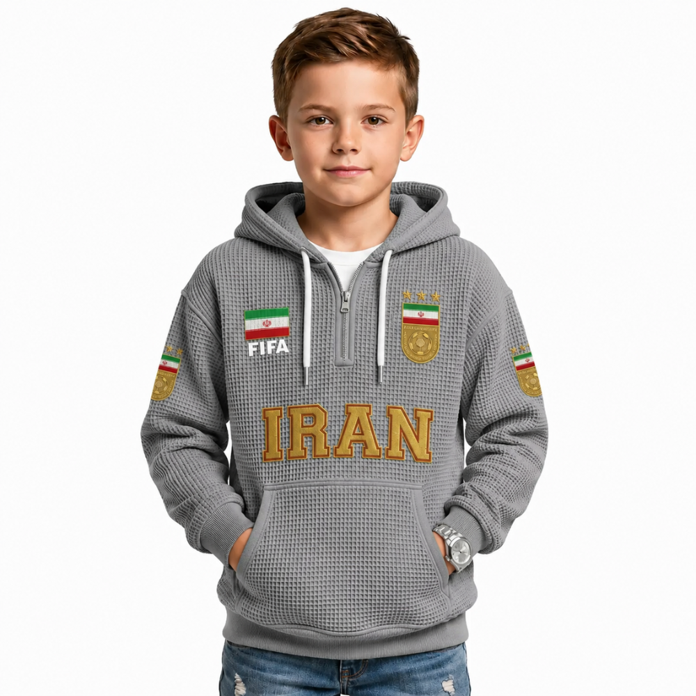 FIFA 2026 Iran Printed Waffle Quarter Zip Kids Football Fan Hoodie