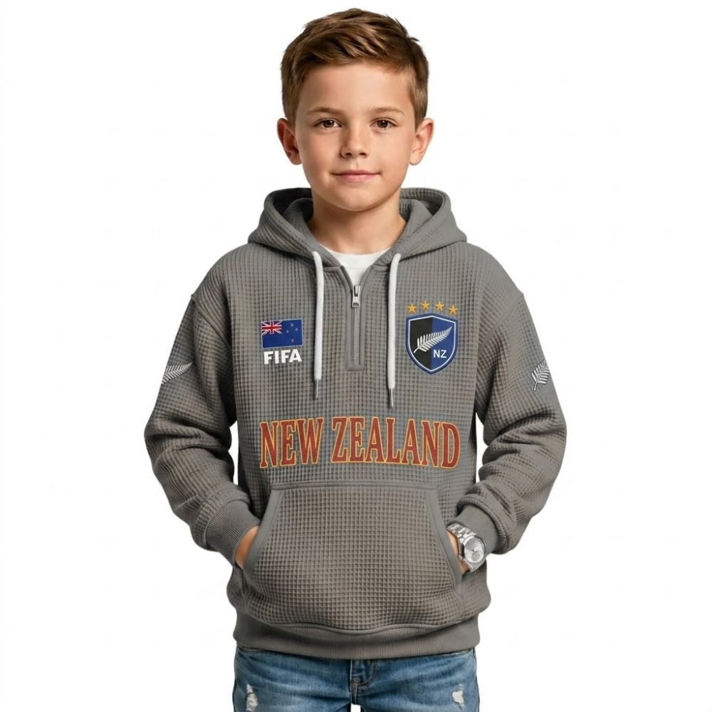 FIFA 2026 New Zealand Printed Waffle Quarter Zip Kids Football Fan Hoodie
