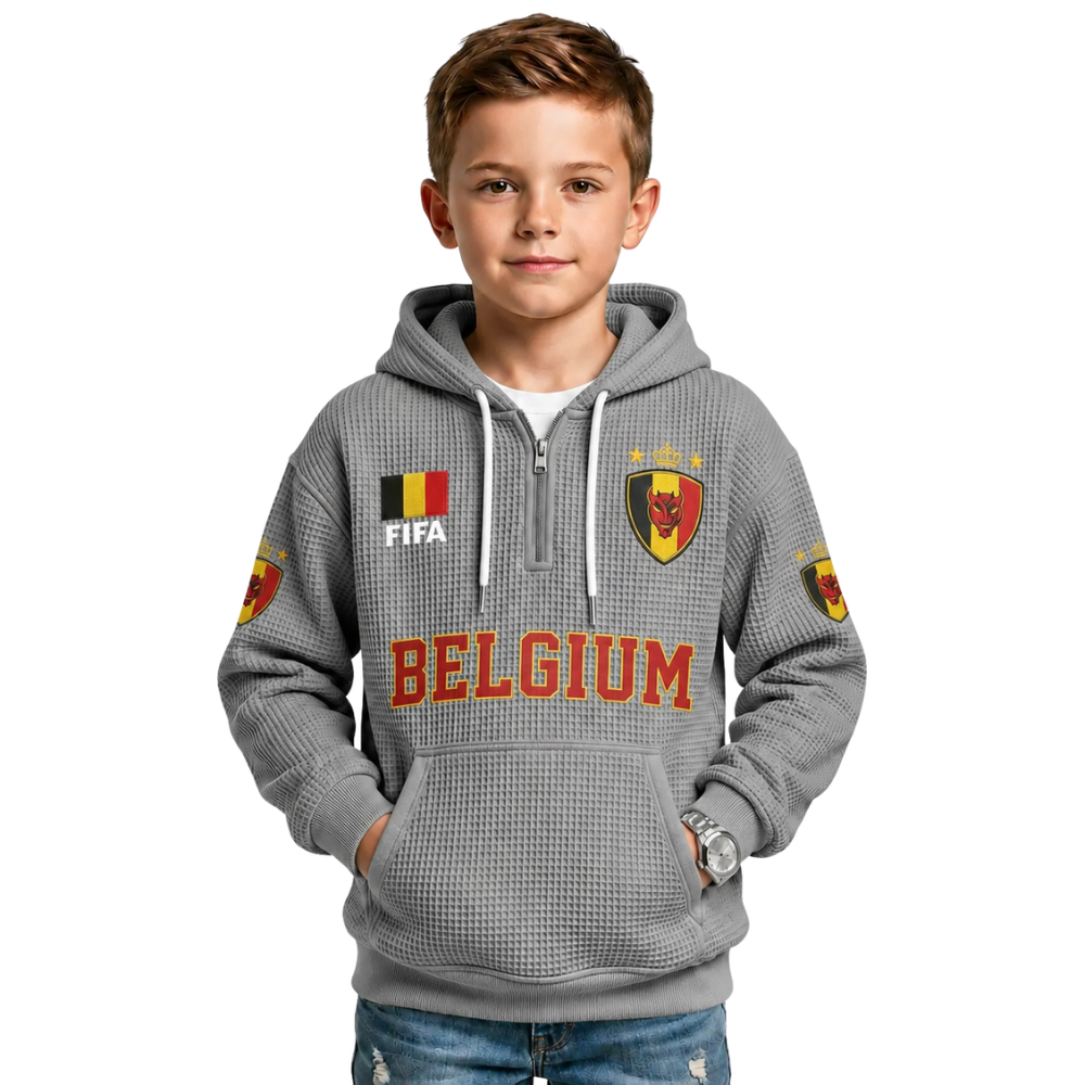 FIFA 2026 Belgium Printed Waffle Quarter Zip Kids Football Fan Hoodie