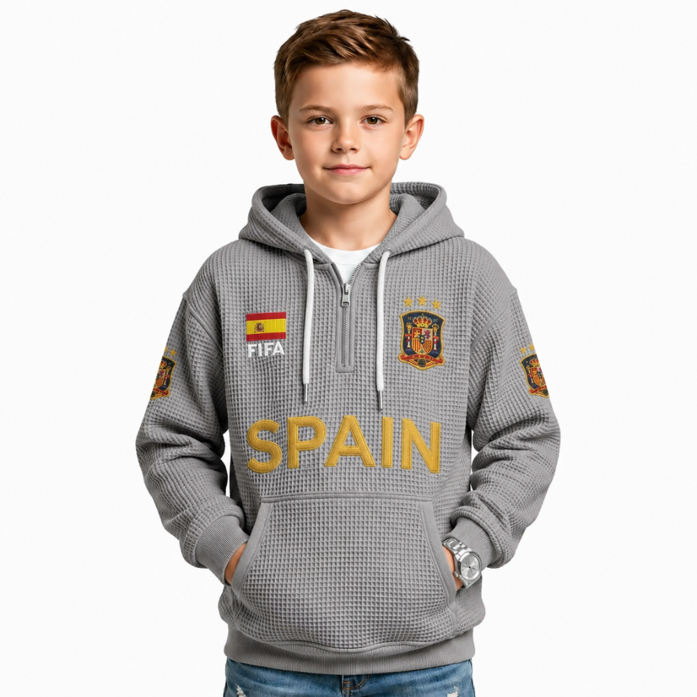 FIFA 2026 Spain Printed Waffle Quarter Zip Kids Football Fan Hoodie
