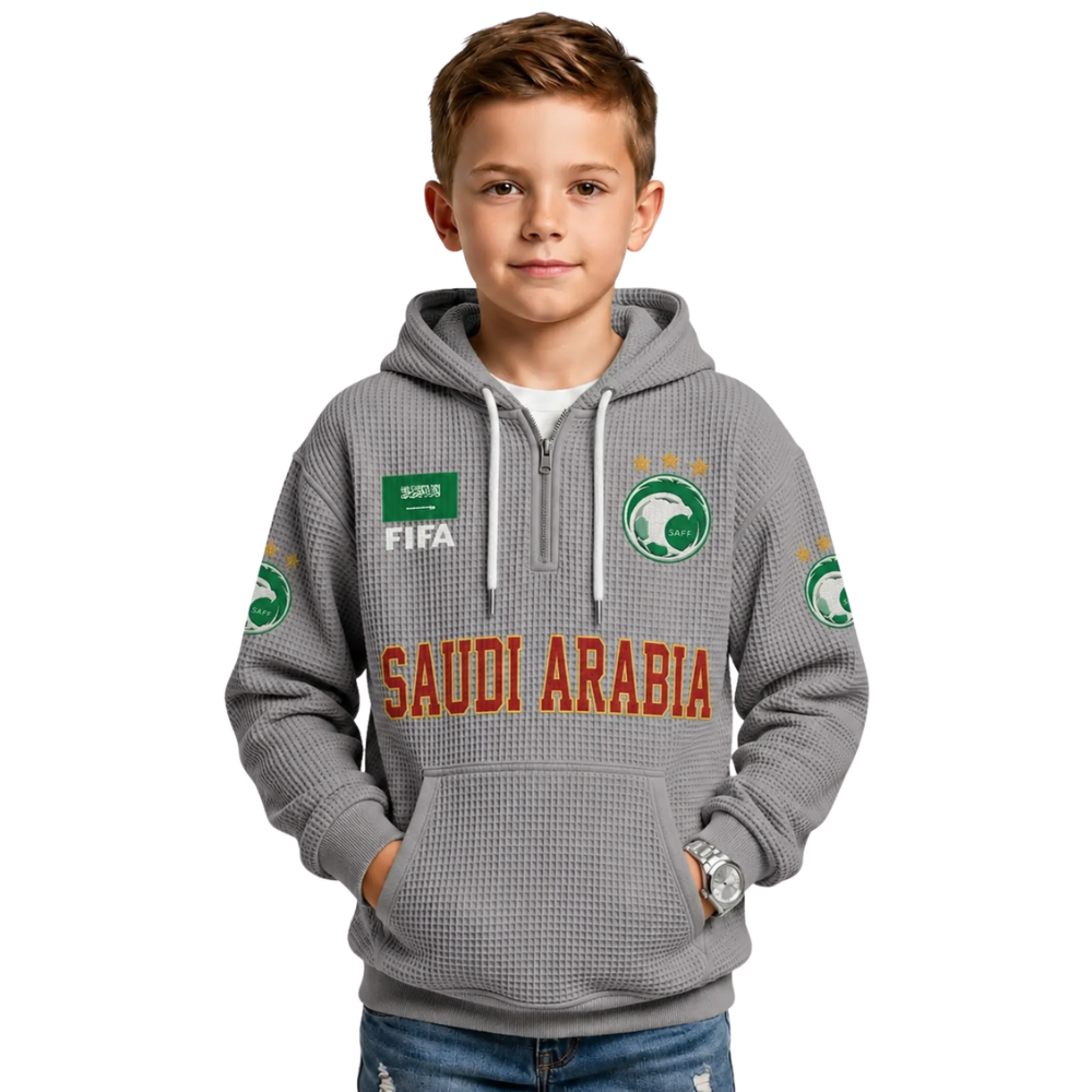 FIFA 2026 Saudi Arabia Printed Waffle Quarter Zip Kids Football Fan Hoodie