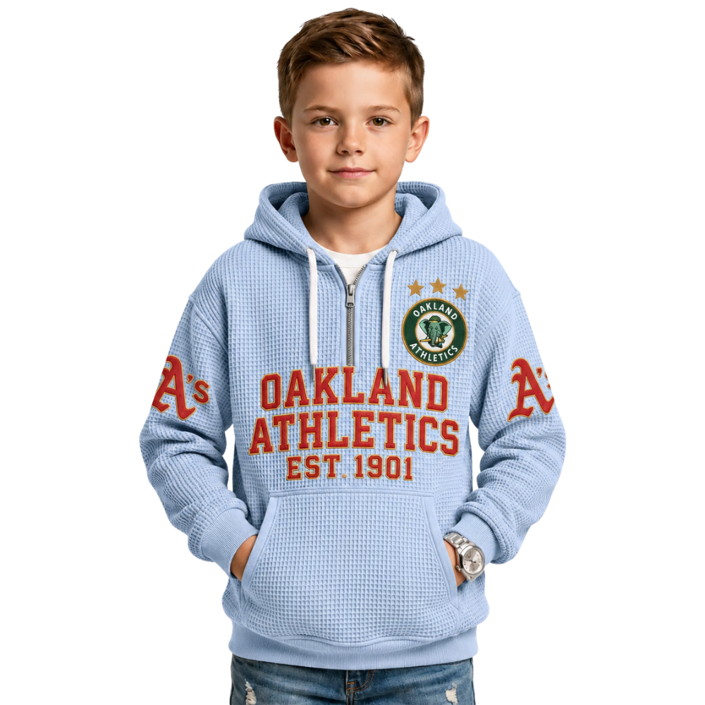 Oakland Athletics EST 1901 Kids Baseball Fan Printed Waffle Quarter Zip Hoodie