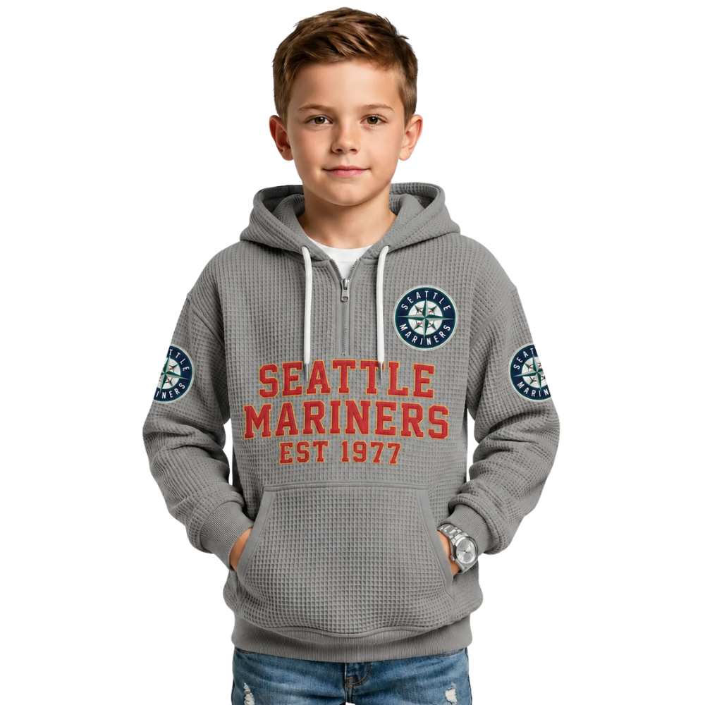 Seattle Mariners EST 1977 Kids Baseball Fan Printed Waffle Quarter Zip Hoodie