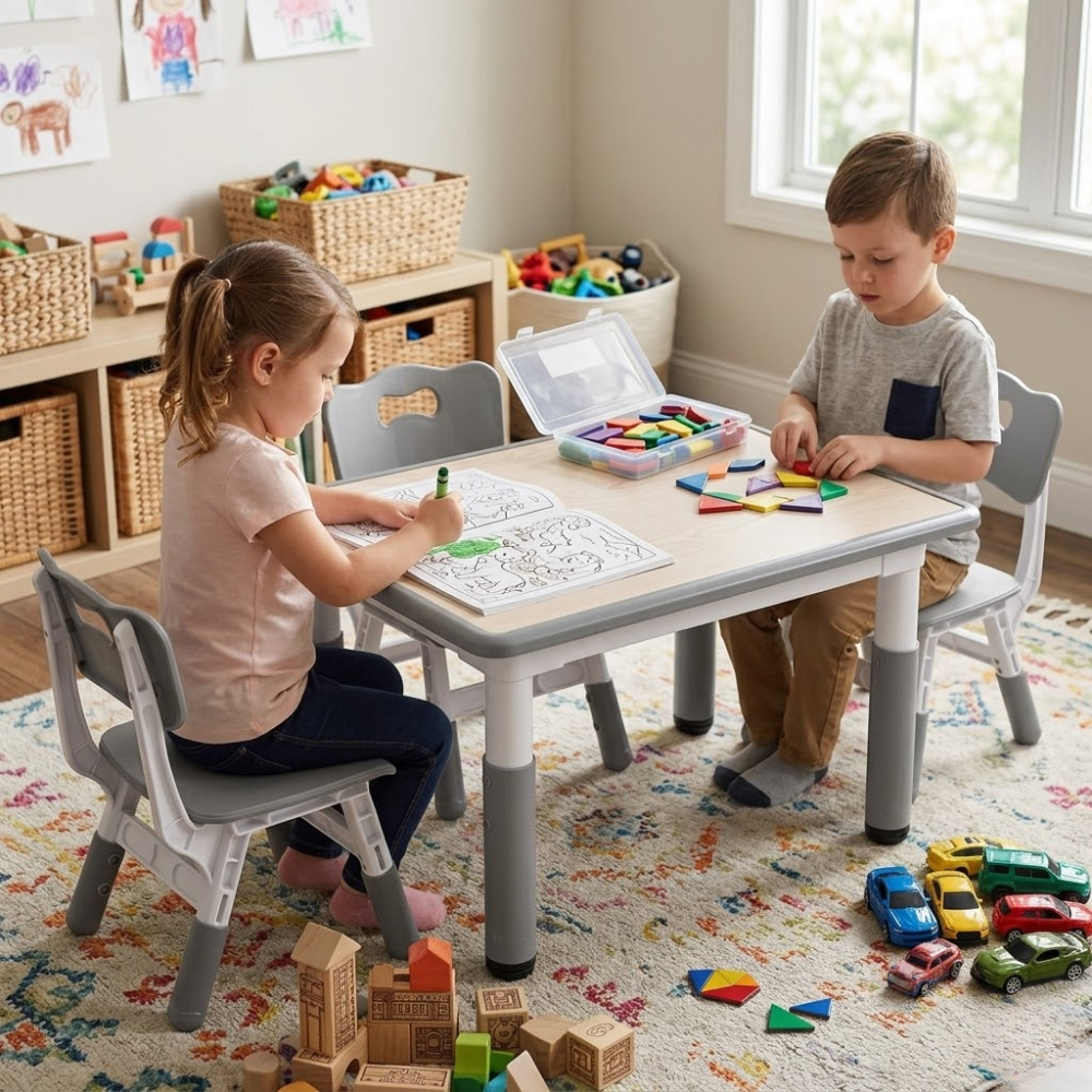 Kids Study Table And Chairs Set With Height Adjustable Design
