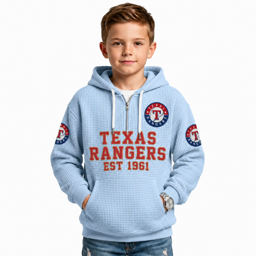 Texas Rangers EST 1961 Kids Baseball Fan Printed Waffle Quarter Zip Hoodie