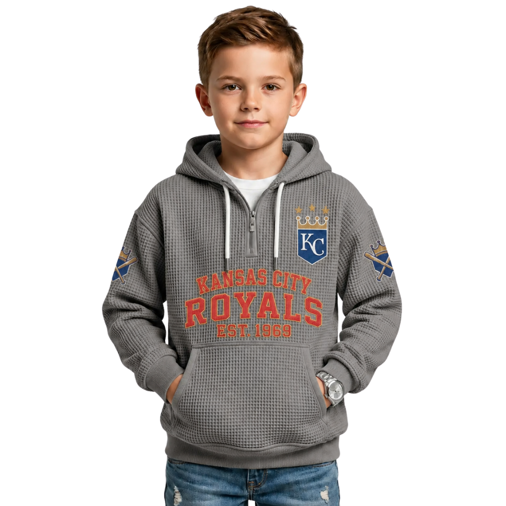 Kansas City Royals EST 1969 Kids Baseball Fan Printed Waffle Quarter Zip Hoodie