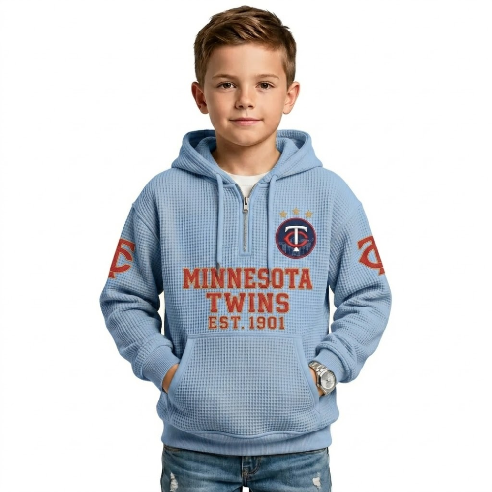 Minnesota Twins EST 1901 Kids Baseball Fan Printed Waffle Quarter Zip Hoodie