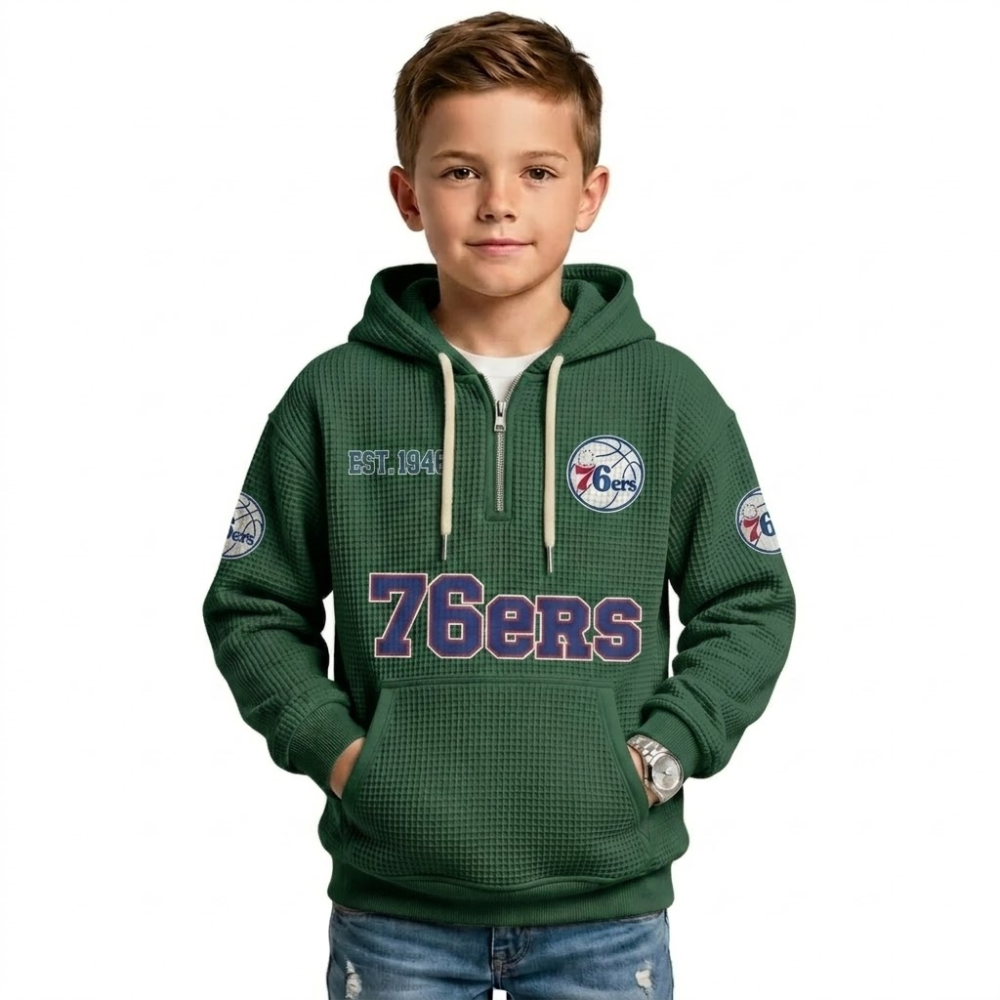 Philadelphia 76ers EST 1946 Kids Baseball Fan Printed Waffle Quarter Zip Hoodie