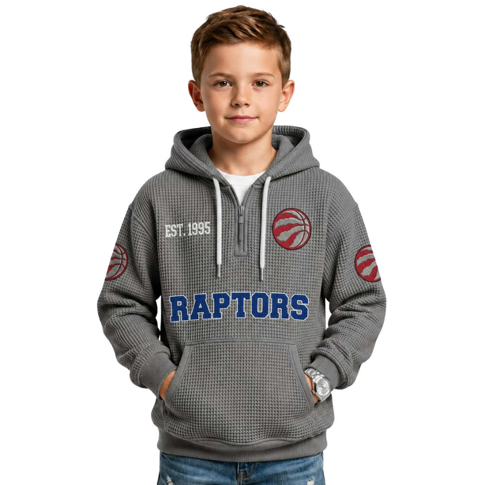 Toronto Raptors EST 1995 Kids Baseball Fan Printed Waffle Quarter Zip Hoodie