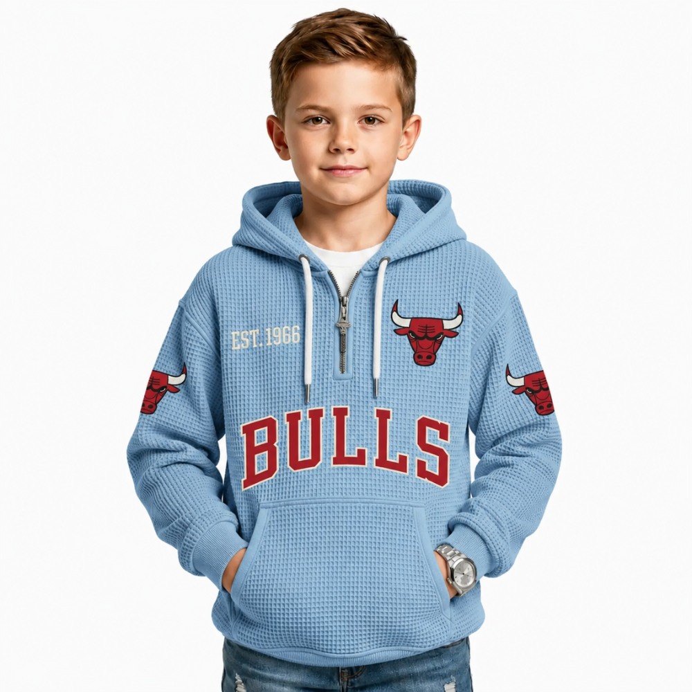 Chicago Bulls EST 1966 Kids Baseball Fan Printed Waffle Quarter Zip Hoodie