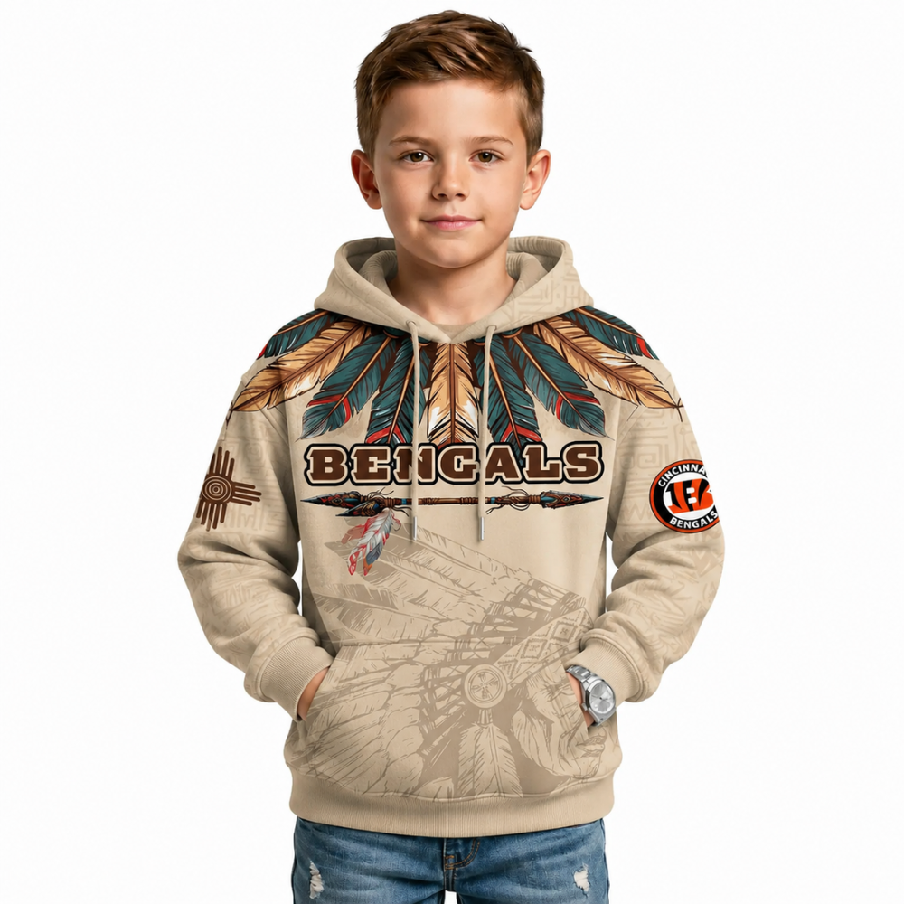 Native Heritage Inspired Cincinnati Bengals Football Fan Printed Pullover Kids Hoodie