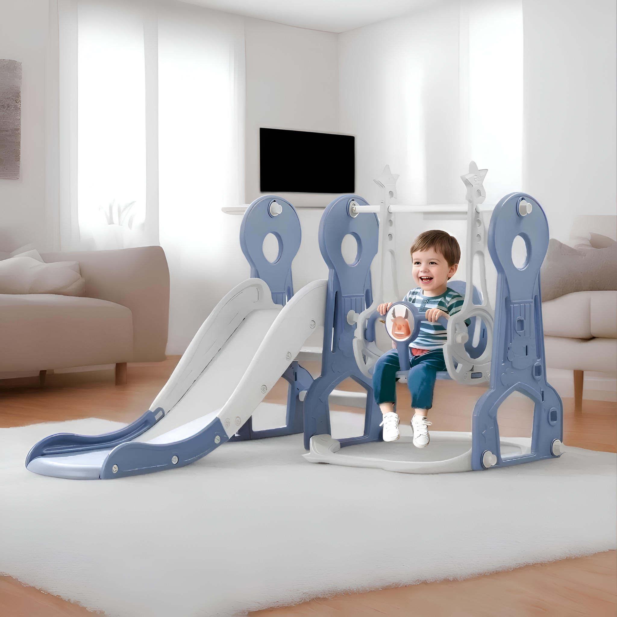 Kids 4 In 1 Swing And Slide Set With Basketball Hoop
