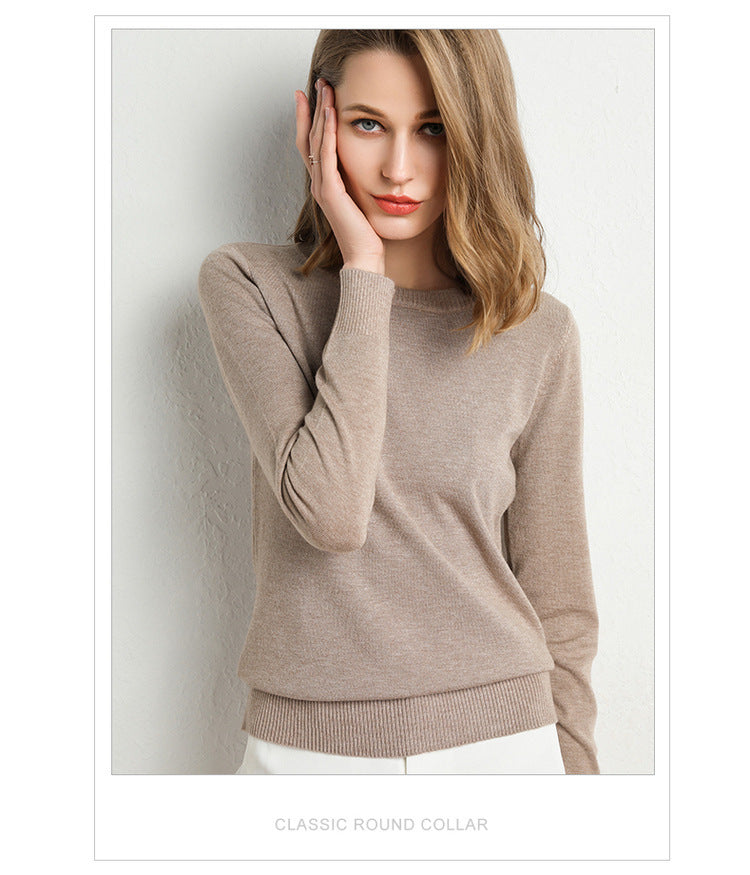 Women's Oatmeal Crew Neck Knit Sweater Slim Fit Long Sleeve Cashmere Blend Pullover