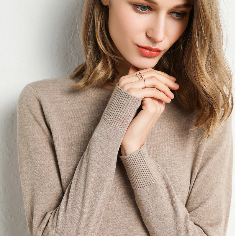Women's Oatmeal Crew Neck Knit Sweater Slim Fit Long Sleeve Cashmere Blend Pullover