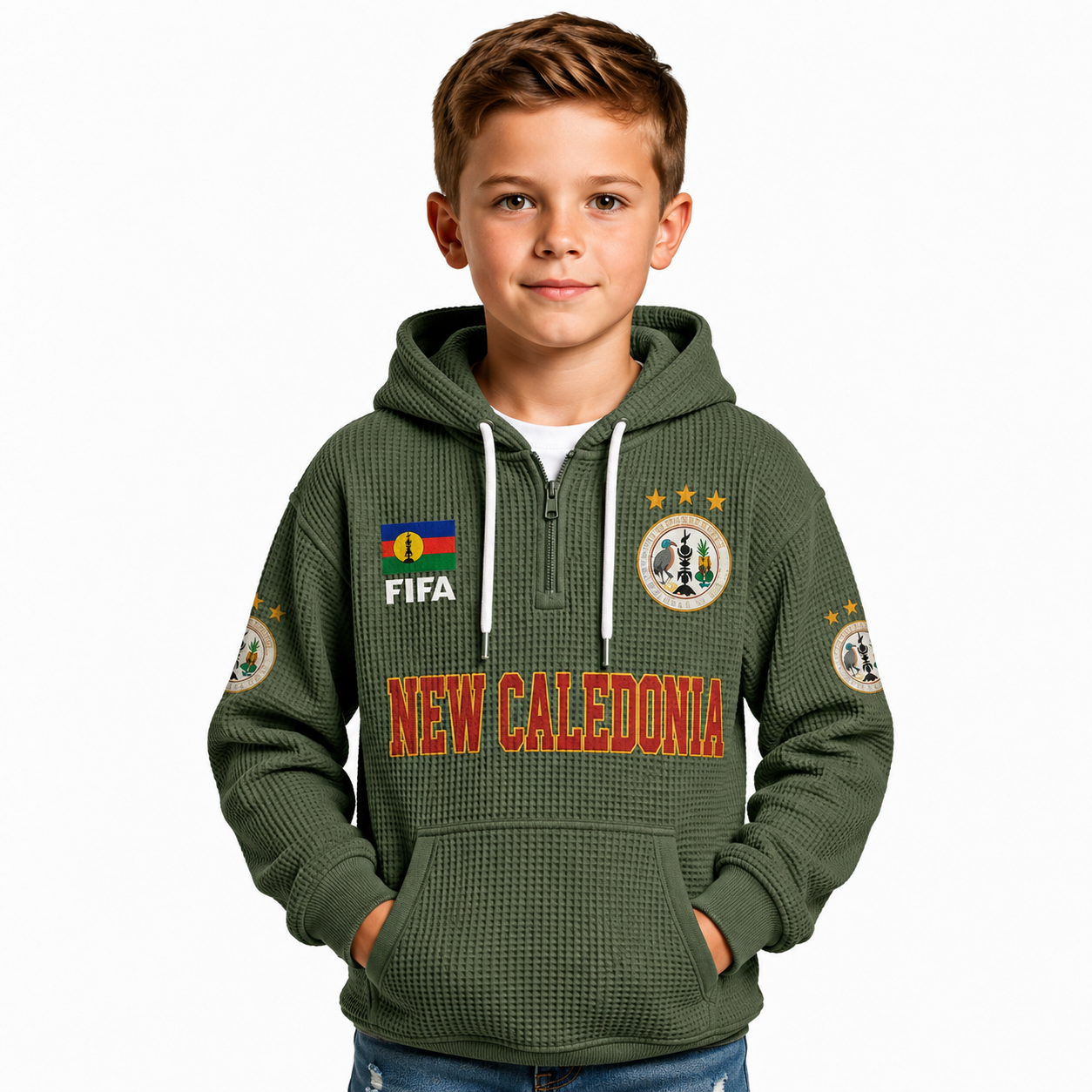 FIFA 2026 Caledonia Printed Waffle Quarter Zip Kids Football Fan Hoodie