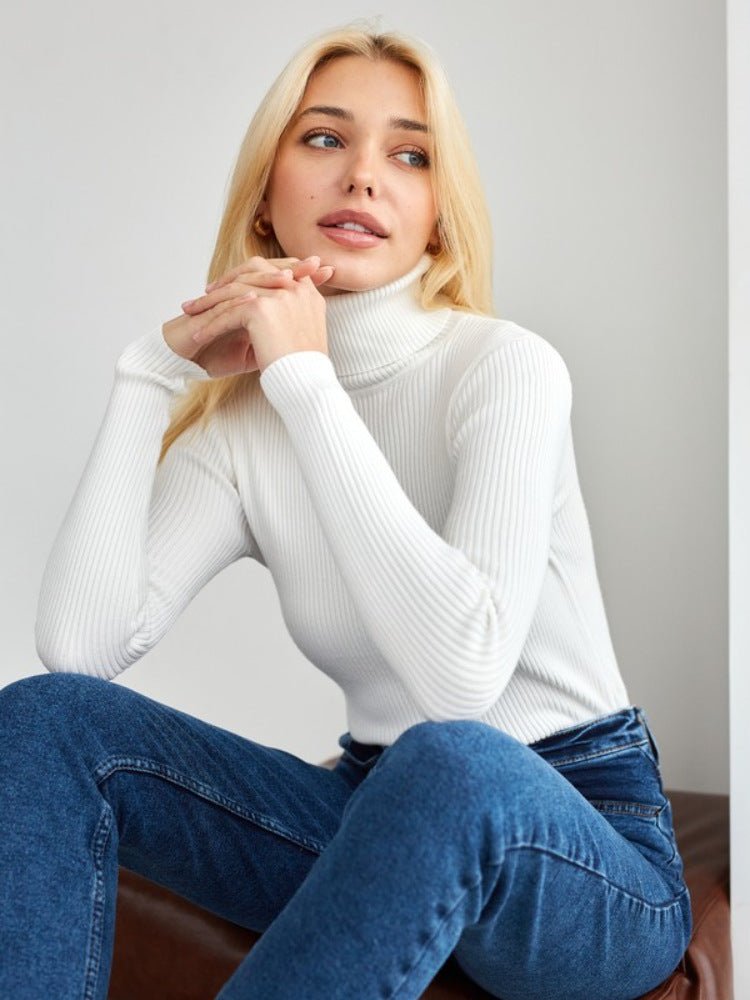 Women's White Ribbed Turtleneck Sweater Slim Fit Long Sleeve Knit Pullover