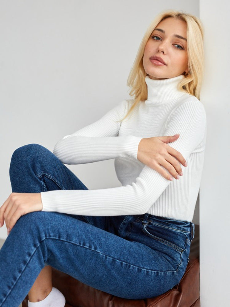 Women's White Ribbed Turtleneck Sweater Slim Fit Long Sleeve Knit Pullover
