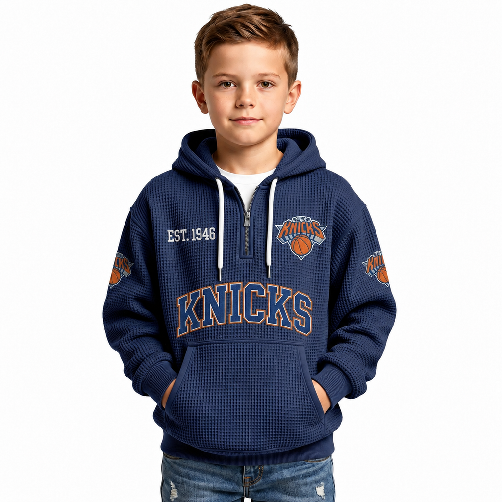 New York Knicks EST 1946 Kids Baseball Fan Printed Waffle Quarter Zip Hoodie