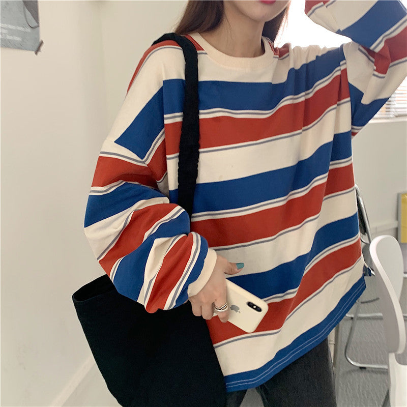 Women's Striped Crewneck Sweatshirt Casual Long Sleeve Pullover