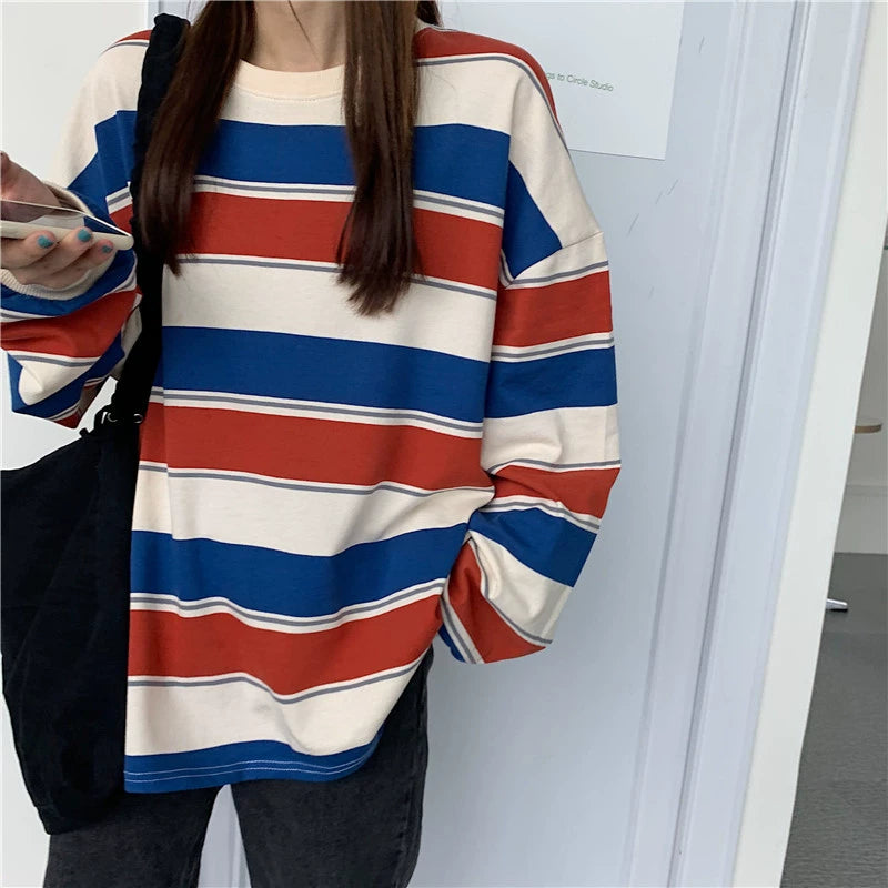 Women's Striped Crewneck Sweatshirt Casual Long Sleeve Pullover