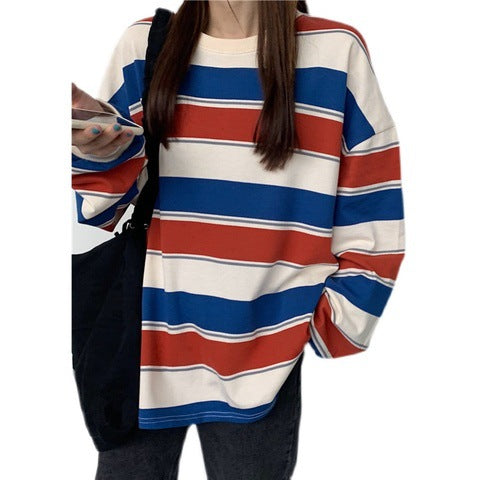 Women's Striped Crewneck Sweatshirt Casual Long Sleeve Pullover