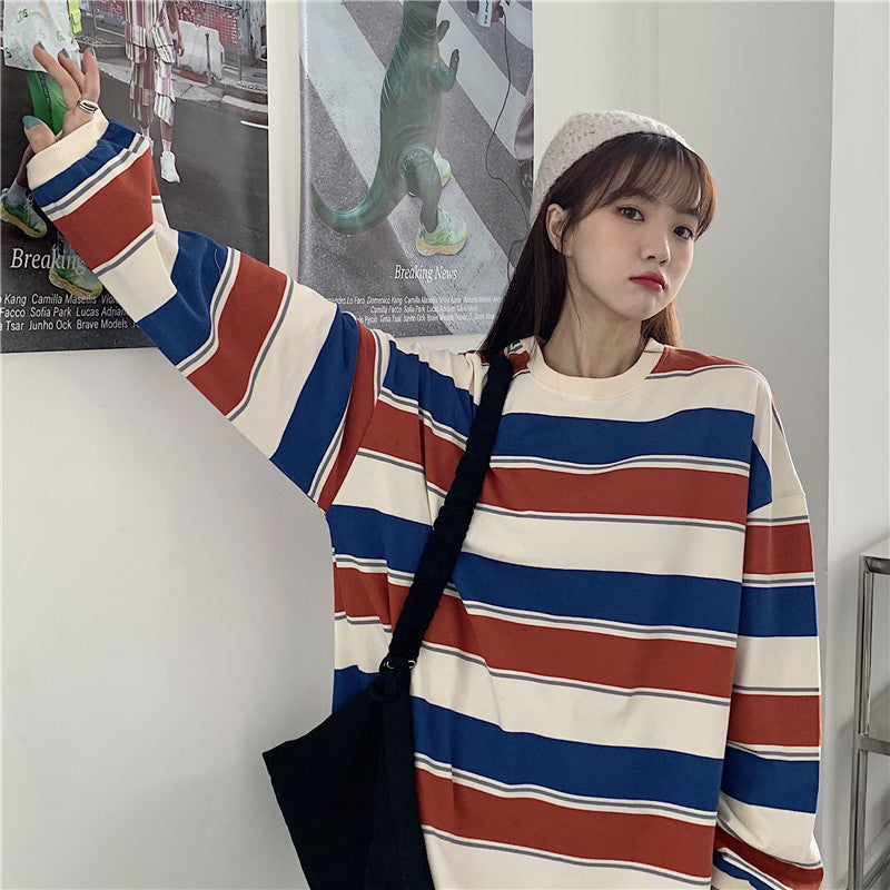 Women's Striped Crewneck Sweatshirt Casual Long Sleeve Pullover