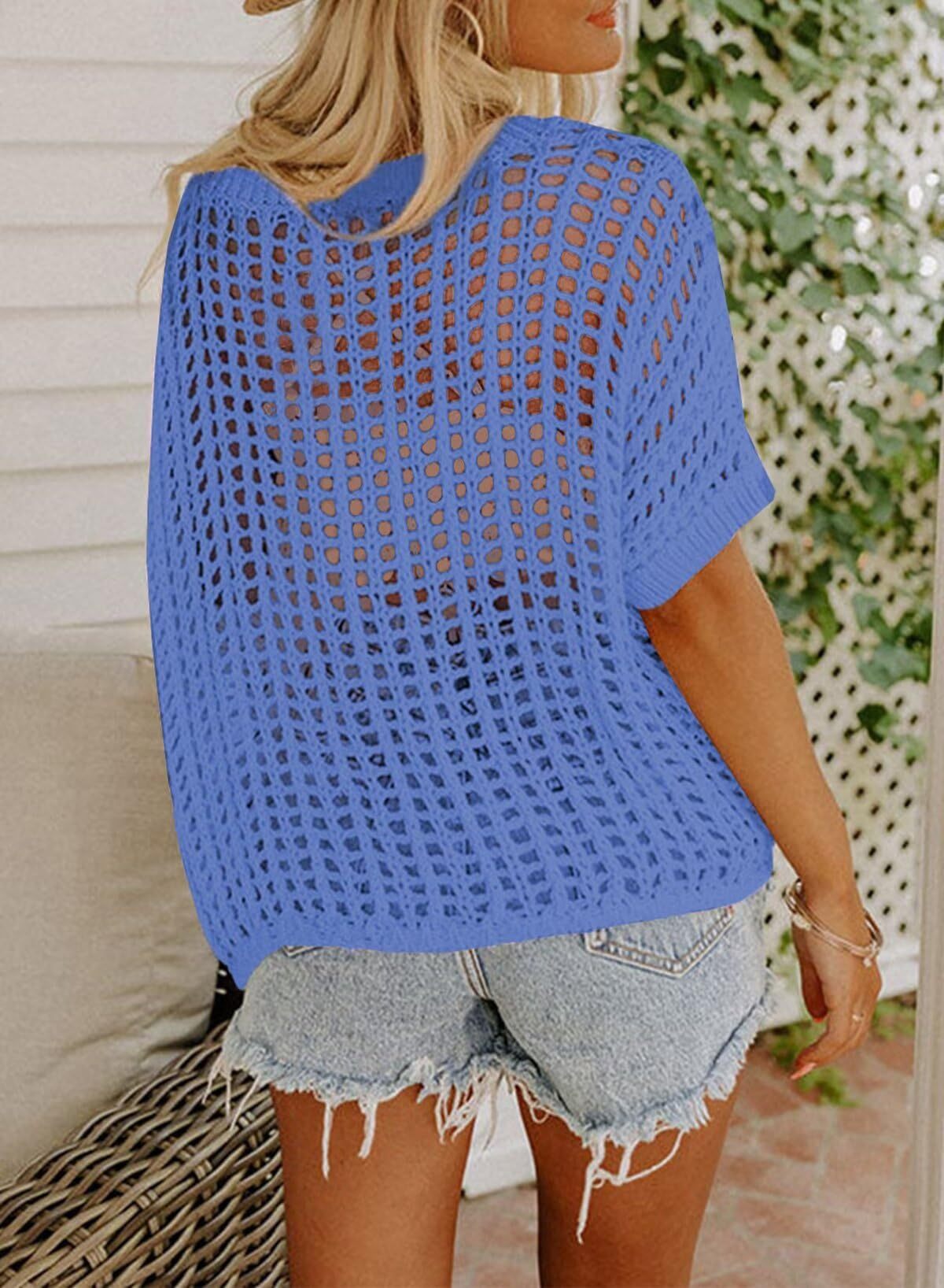 Women's Blue Crochet Off-Shoulder Top Openwork Knit Dolman Sleeve Cover-Up