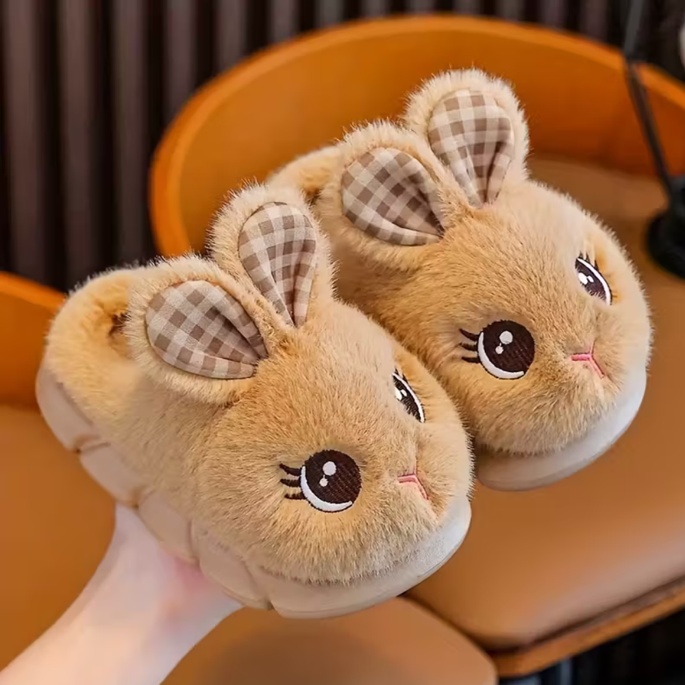 Kids Plush Bunny Slip On Slippers With Warm Lining And PVC Sole