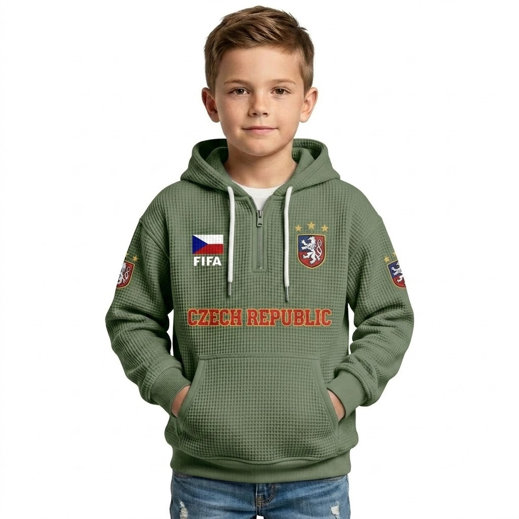 FIFA 2026 Czech Republic Printed Waffle Quarter Zip Kids Football Fan Hoodie