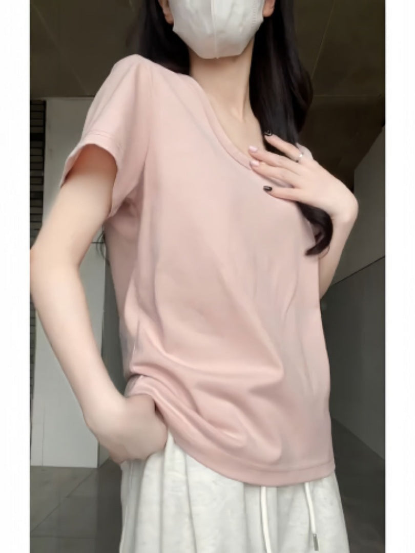 Women's Light Pink Scoop Neck T-Shirt Casual Loose Fit Short Sleeve Basic Top