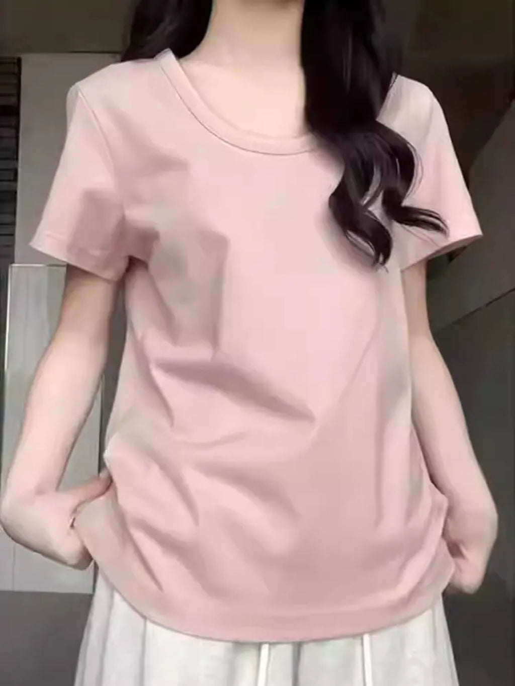 Women's Light Pink Scoop Neck T-Shirt Casual Loose Fit Short Sleeve Basic Top