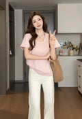 Women's Light Pink Scoop Neck T-Shirt Casual Loose Fit Short Sleeve Basic Top