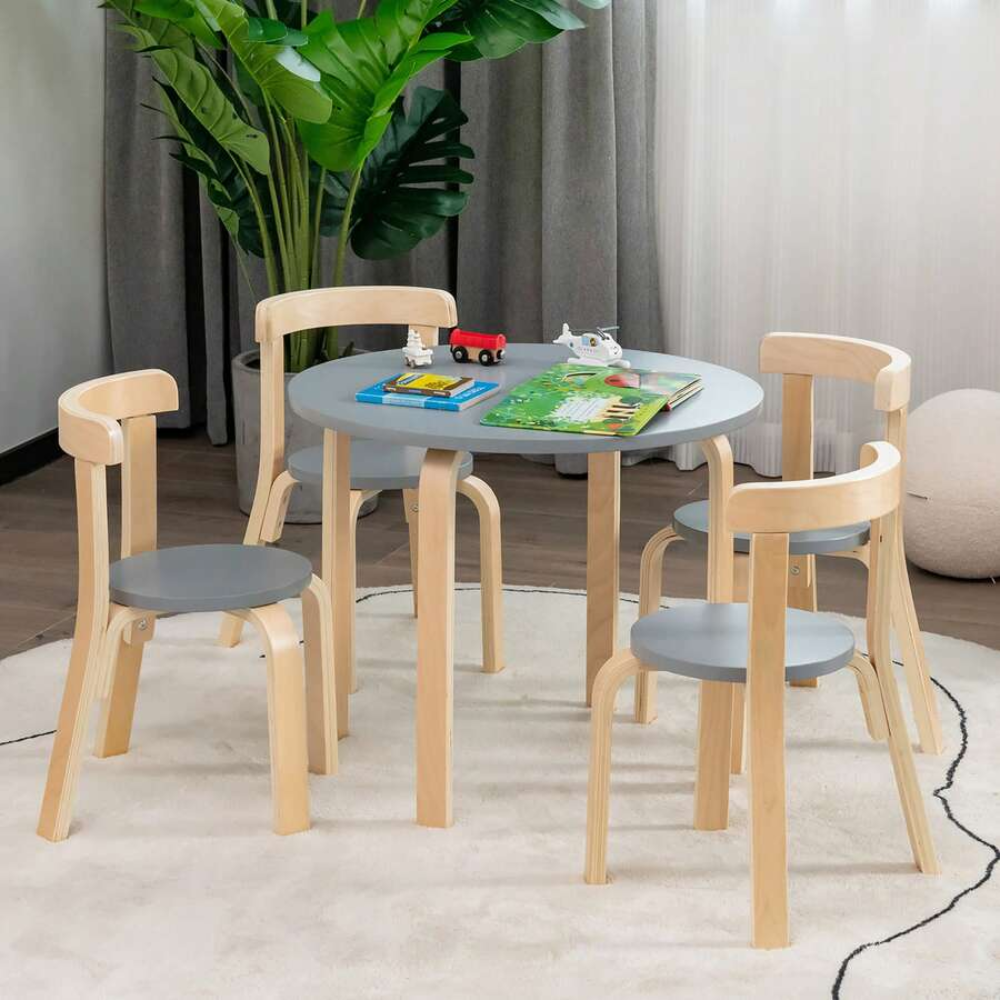 5 Piece Kids Wooden Curved Activity Table And Chair Set