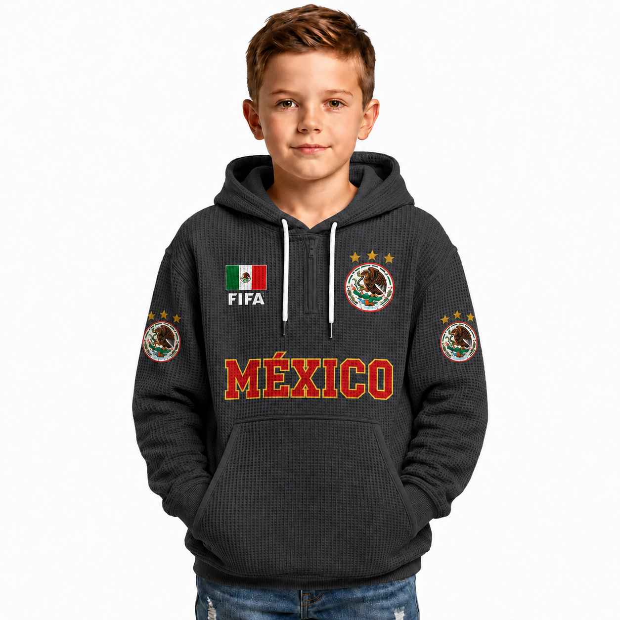 FIFA 2026 Mexico Printed Waffle Quarter Zip Kids Football Fan Hoodie