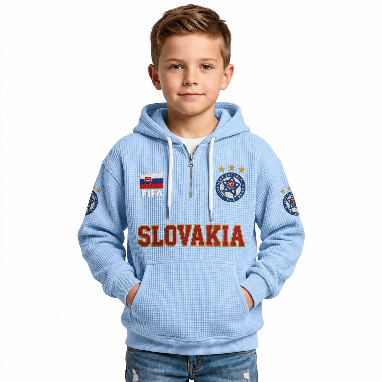 FIFA 2026 Slovakia Printed Waffle Quarter Zip Kids Football Fan Hoodie