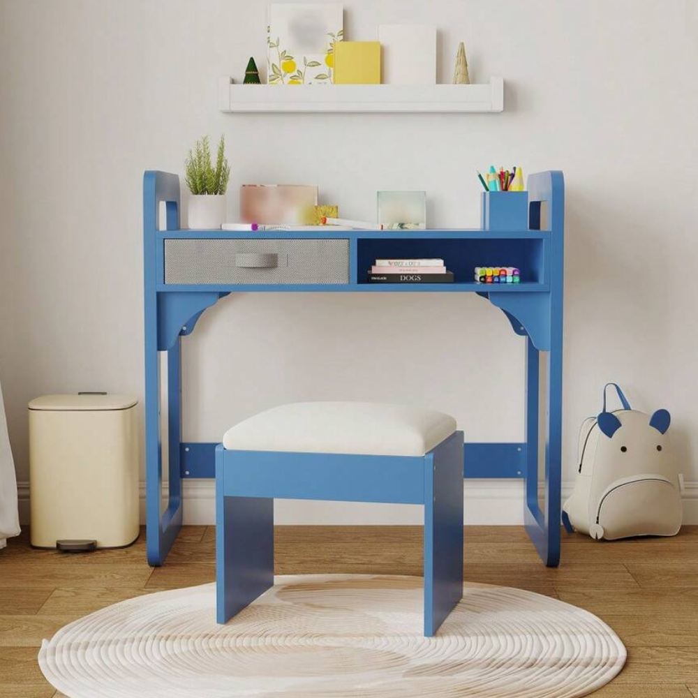 Kids Study Desk And Chair Set With Storage Drawer With Soft Stool