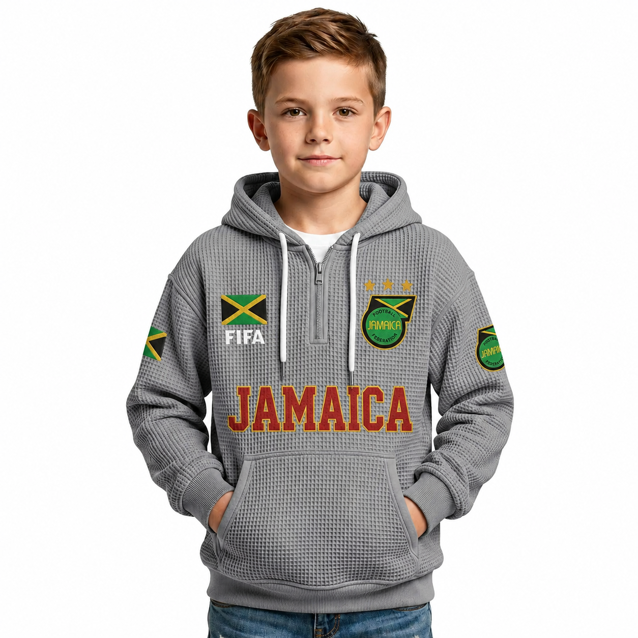 FIFA 2026 Jamaica Printed Waffle Quarter Zip Kids Football Fan Hoodie
