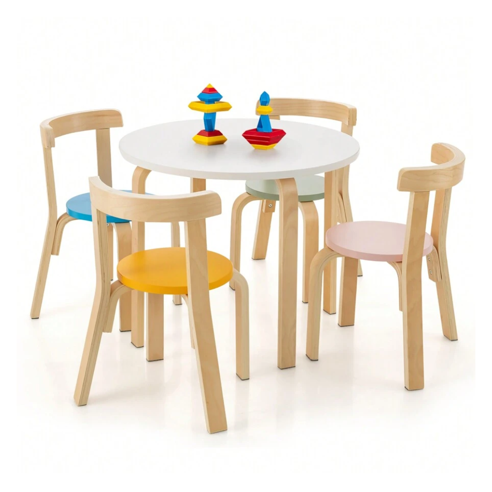 5 Piece Kids Wooden Curved Activity Table And Chair Set