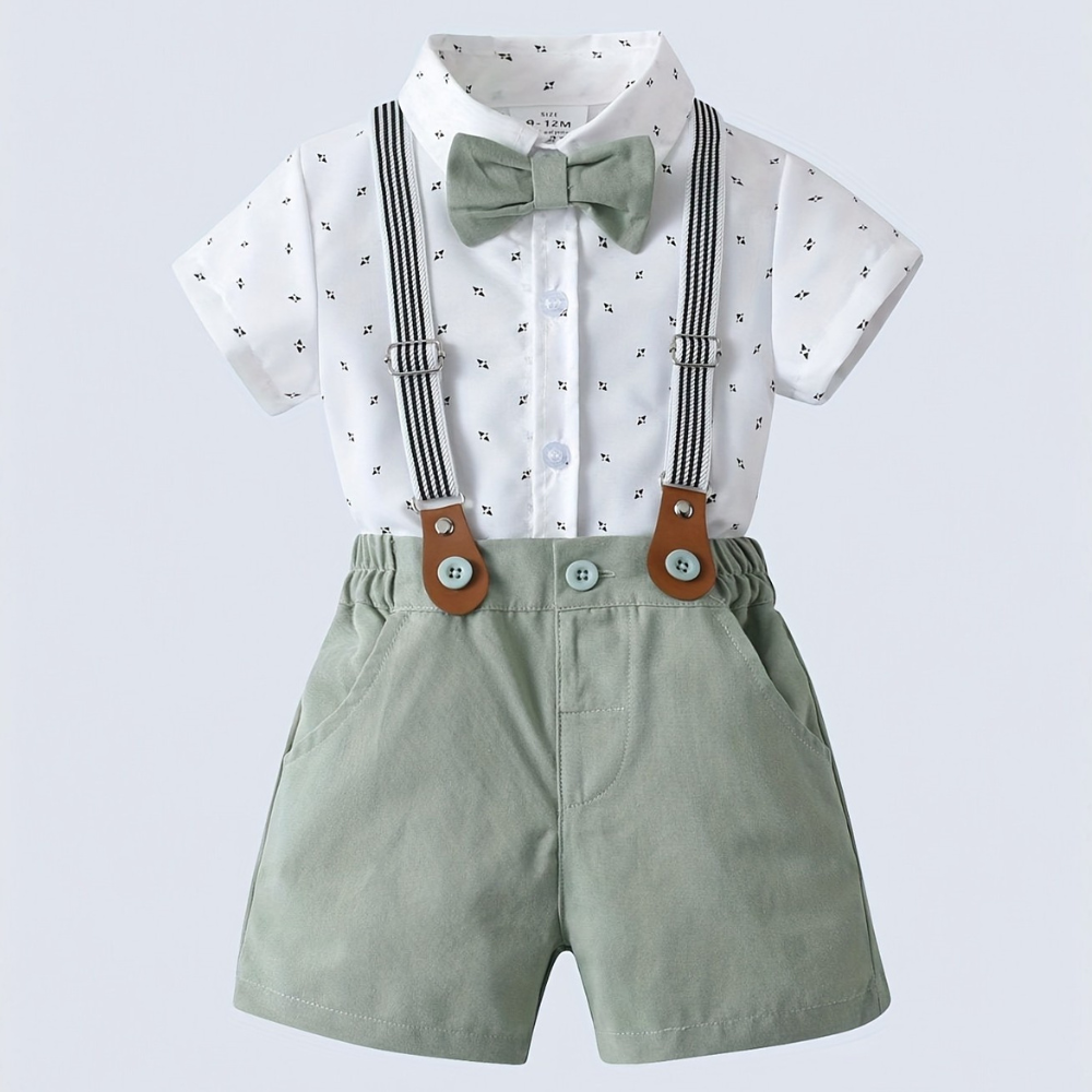 Baby Boys Short Sleeve Shirt With Bow Tie And Suspenders Shorts Set