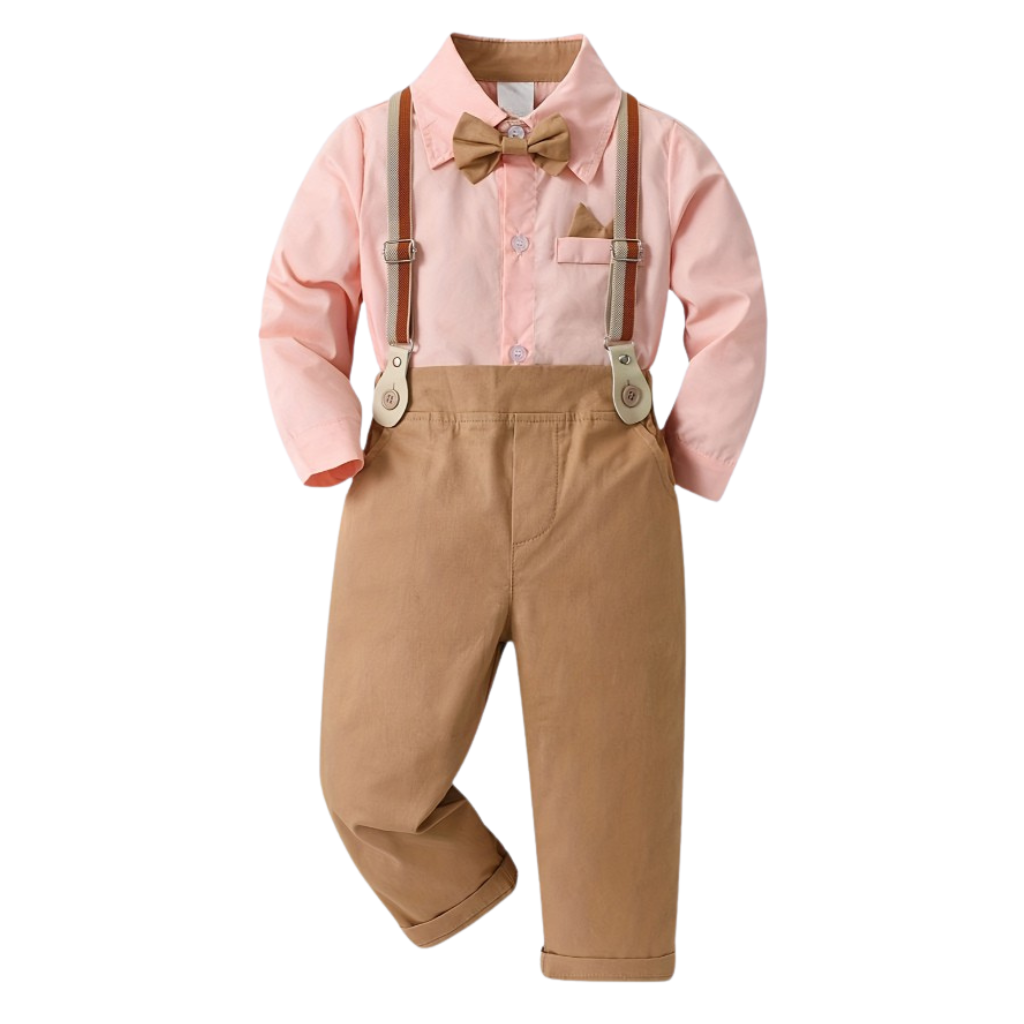 Boys Two Piece Long Sleeve Shirt With Bow And Trousers With Belt Set
