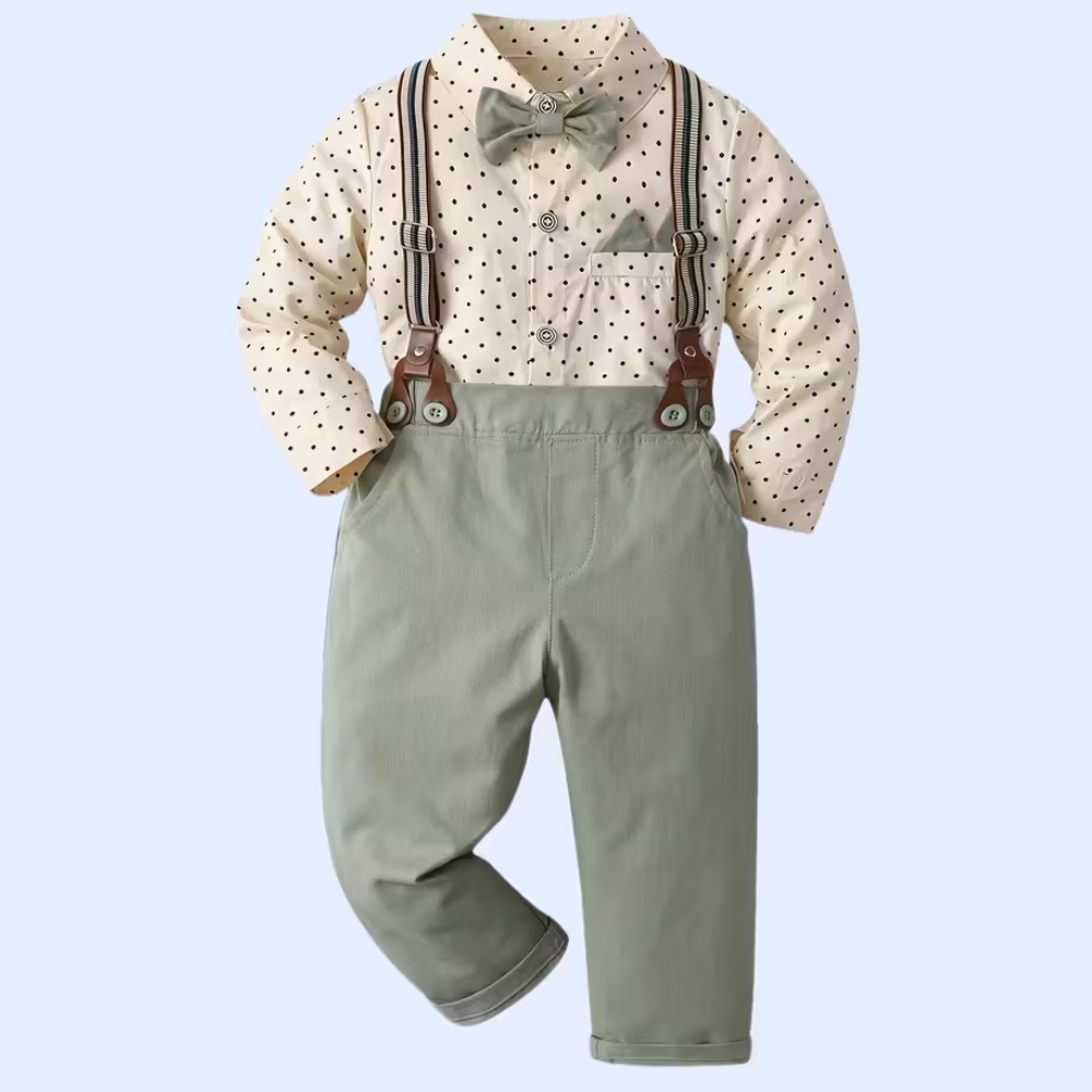 Boys Gentleman Outfit Set With Long Sleeve Shirt With Bow Tie And Suspenders