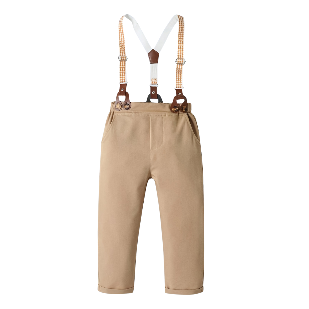 Boys Long Sleeve Button Shirt With Bow Tie And Suspender Pant Set