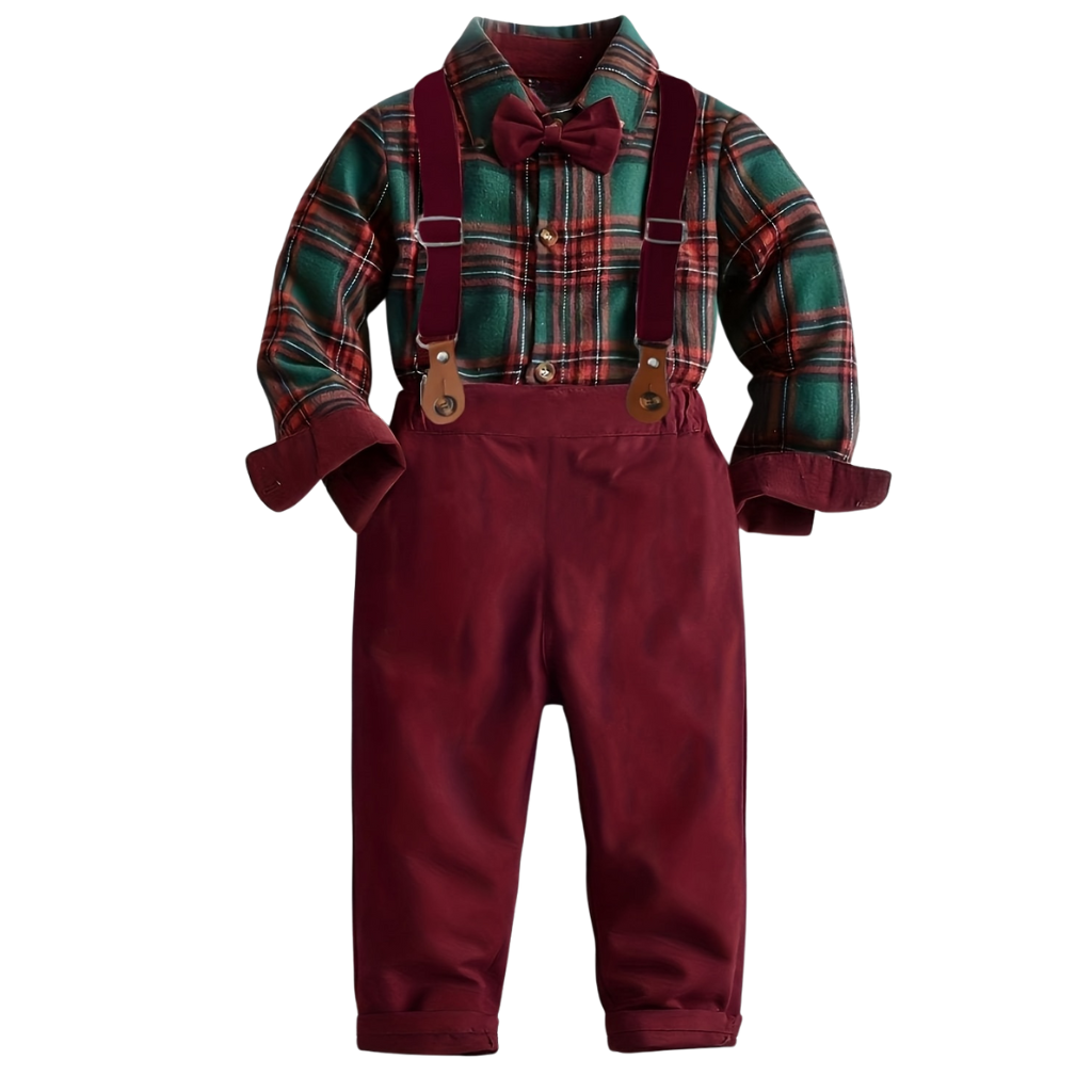 Plaid Long Sleeve Shirt And Trouser With Suspenders Set