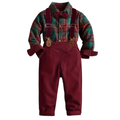 Plaid Long Sleeve Shirt And Trouser With Suspenders Set