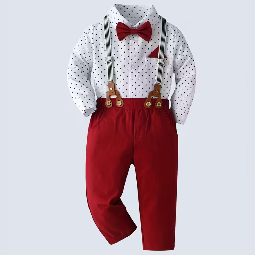 Boys 2 Pieces Gentleman Outfit With Bow Tie Shirt And Suspender Pants Set