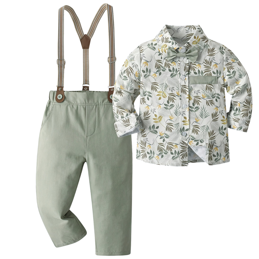 Baby Boys Printed Floral Shirt With Bow Tie And Suspender Pants Set