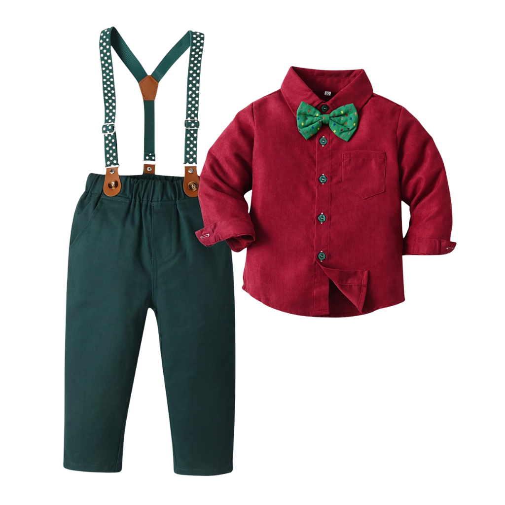 Baby Boys 2 Piece Of Christmas Long Sleeve Front Button Shirt With Bow Tie And Pants