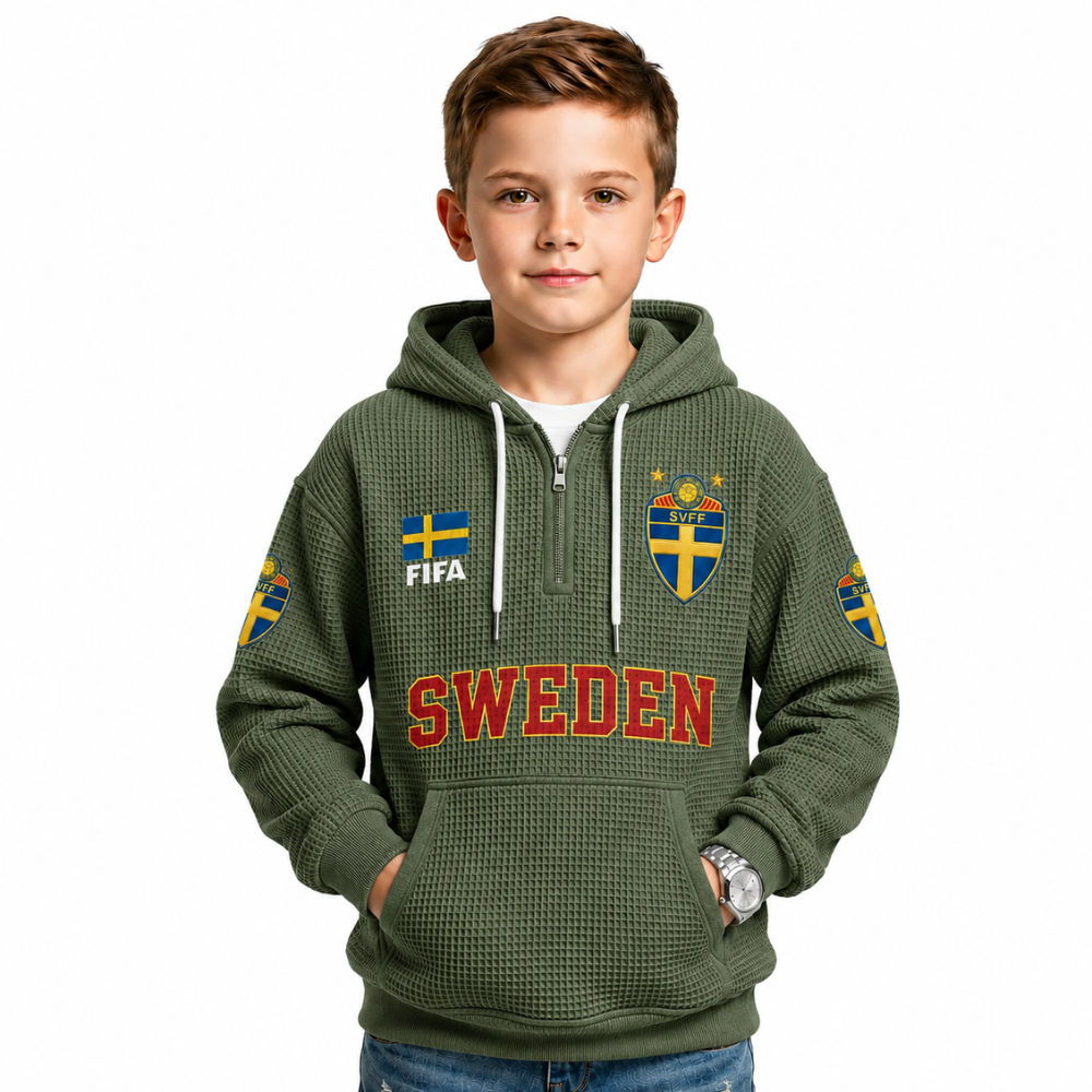 FIFA 2026 Sweden Printed Waffle Quarter Zip Kids Football Fan Hoodie