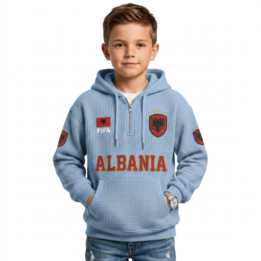 FIFA 2026 Albania Printed Waffle Quarter Zip Kids Football Fan Hoodie